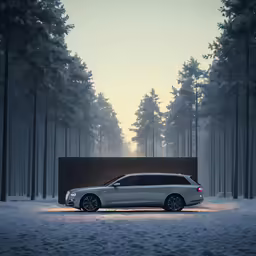 an all silver range rover parked near a forest covered in snow