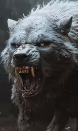 an art work of a white wolf with sharp fangs