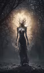 a girl standing in a forest next to some trees