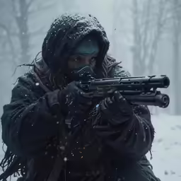 a man holding a gun in a snowy forest