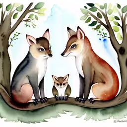 a painting of two fox and a small fox looking at each other,painting - fox and baby by stephanie crooke,two foxes on the tree branch facing each other,a fox and its cub sitting on a tree branch,a couple of foxes on top of a tree