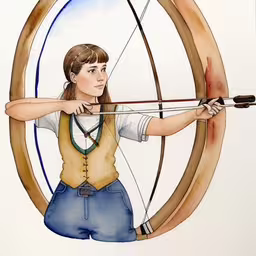 this is an illustration of a girl holding the bow and arrow,a woman wearing overalls shooting an arrow with a bow