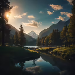 a lake sits in the foreground as the sun rises