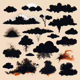 an artistic painting of different types of clouds,an artistic illustration shows clouds and trees in various shapes