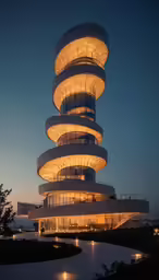 a tall building lit up at night in a park