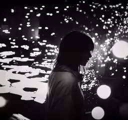 a person with long hair is staring at a wall full of light