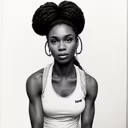 a woman with an afro hair style posing in front of a wall