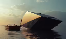 two boats float in the water in front of a structure