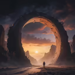 the man is standing at the edge of the tunnel as the sun sets