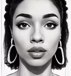 a black and white photo of a young woman,a woman with big hoops wearing earrings and looking at the camera