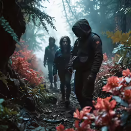 a man walking on a trail with a group of people