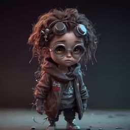 a very creepy looking little doll with steam goggles