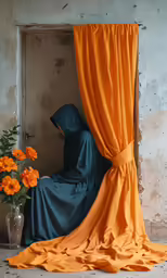 a person wearing a long veil and sitting in front of curtains