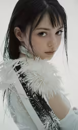 an oriental woman in white and black outfit with feather on her jacket