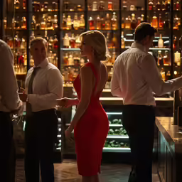 there is a woman in a red dress talking to two men at a bar