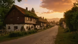 a country road surrounded by tall trees at dusk,a road that leads to houses with some trees in the front