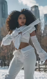 a black woman is holding her hand on the belt of her white cropped suit and jeans
