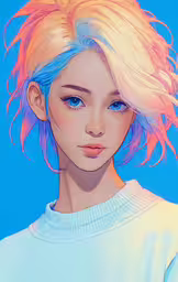 an anime girl with blue and pink hair with colorful, long bangs