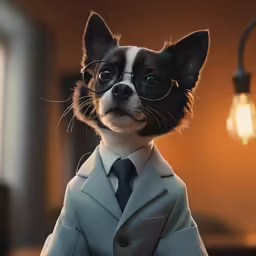 a dog wearing a suit and tie with a lightbulb over its shoulder