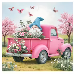 pink truck with garden gnome and butterflies in a field