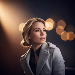 a beautiful woman wearing a grey jacket standing in a spotlight