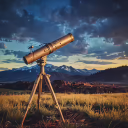 an astronomical telescope sitting on top of a tripod in a grassy field