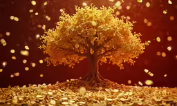 a tree is surrounded by falling leaves