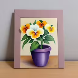 a purple potted plant with pansies in it,a painting of pansies is in a flower pot