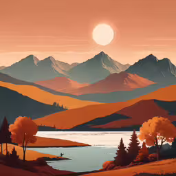 mountains, trees and water are in the background, as the sun rises,a landscape painting of mountains and lakes with a sun in the sky