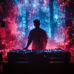 a dj spinning on top of his deck at a party