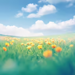 a large grassy field covered in yellow flowers
