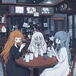two women sitting at a table looking at their phones