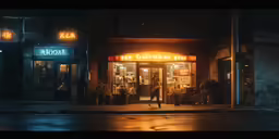 people are out in the dark at night, at the end of a street