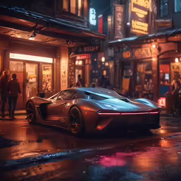 a supercar in the rain driving past people