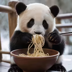 a panda bear eating out of a brown bowl
