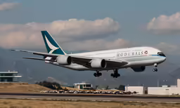 a large airplane is preparing to land at the airport
