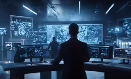 two men are in a control room that has multiple monitors