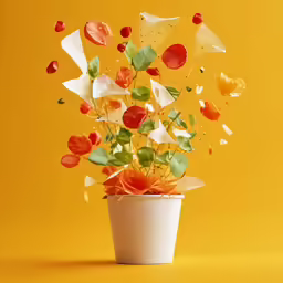 a white pot with flowers falling from them
