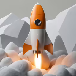 a small rocket ship with its lights on is sitting in the clouds