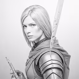 a woman in a grey outfit holding a gun and knife