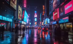 people walk down the street on a rainy night