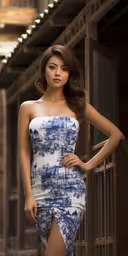 the beautiful young woman poses in a strapless dress,an asian model is dressed up with a dress