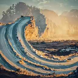 the view of a curved highway through a mountain