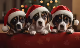 three dogs wearing christmas hats sitting on top of a couch