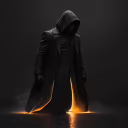 the person wearing a black cloak standing on a dark background