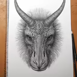 a white drawing of a horned goat with intricate patterns on it