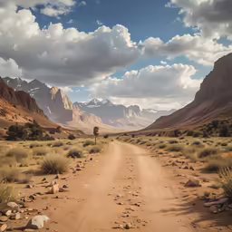 a dirt road winding through an area with mountains