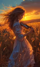 a woman is in a field with long hair