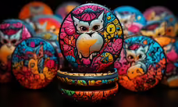 brightly colored decorated round objects with faces