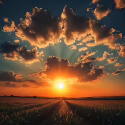 a bright sunset on the horizon in a large field